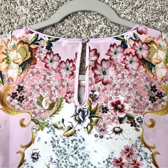 Badgley Mischka Top Women’s XS Pink & Gray Floral Print Short Bow Sleeve Blouse - Picture 6 of 7